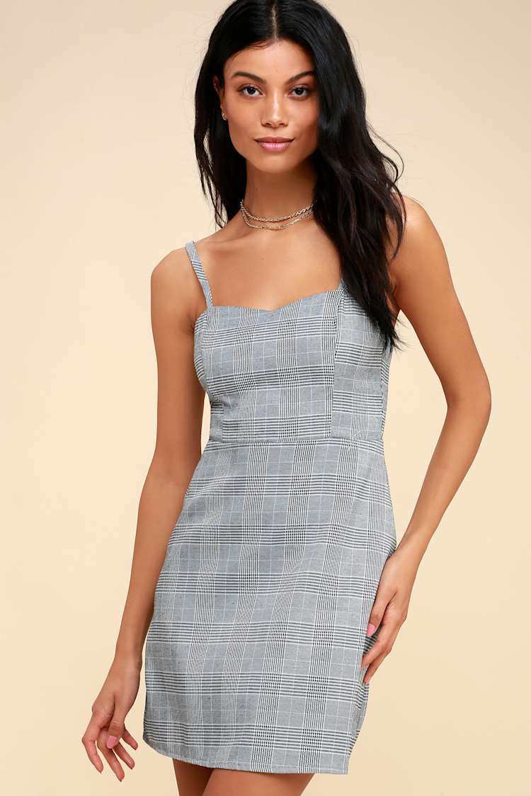slim fit dress slacks Women's Queening Out Plaid Asymmetrical Mini Dress in Taupe/Grey