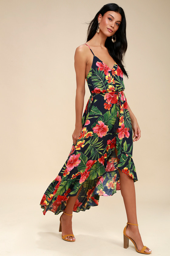 Fun Navy Blue Tropical Print Dress - High-Low Midi Dress - Lulus