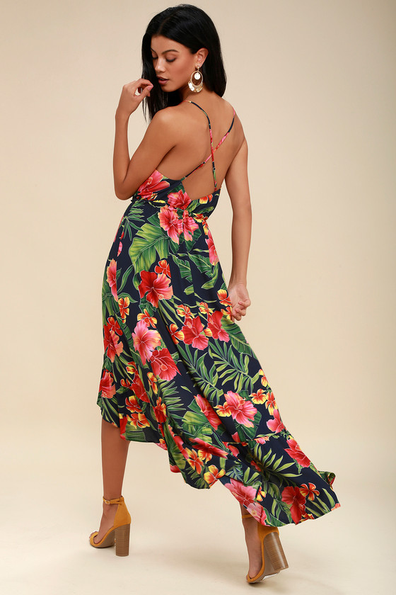 Fun Navy Blue Tropical Print Dress HighLow Midi Dress