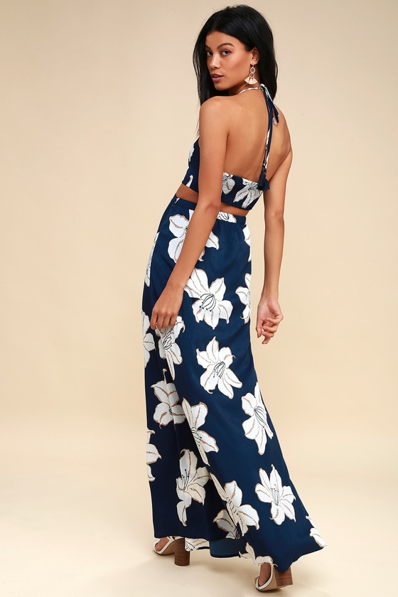 annalisa blue multi floral print halter maxi dress