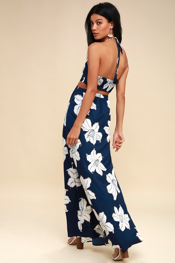 Navy Blue Floral Print Dress - Backless Halter Maxi Dress - Lulus