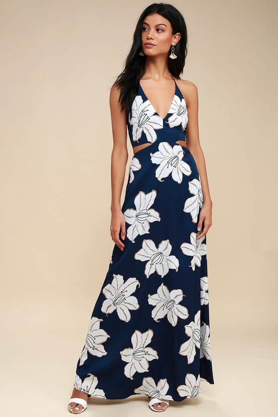 annalisa blue multi floral print halter maxi dress