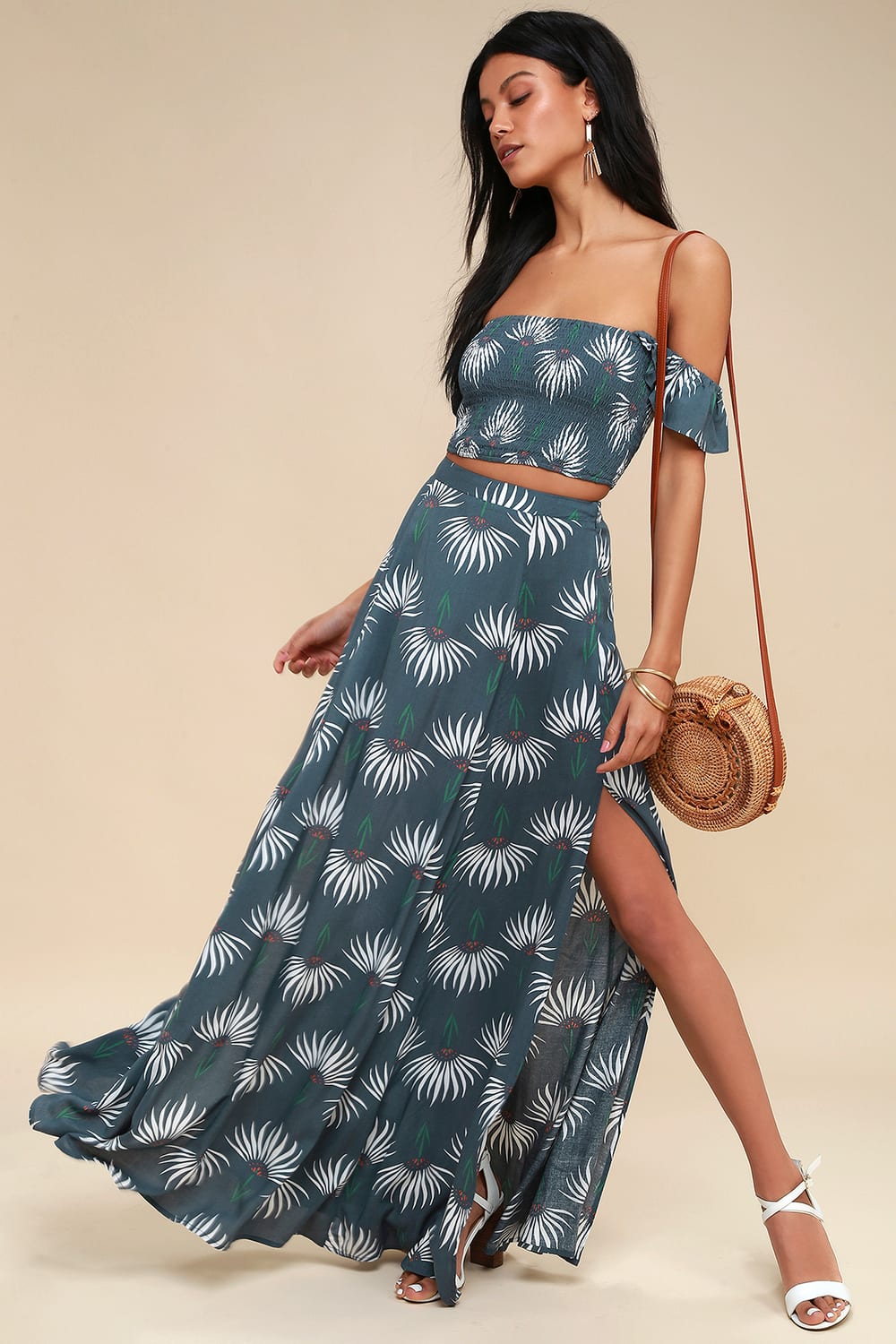 Trancoso Dusty Blue Floral Print Two-Piece Maxi Dress