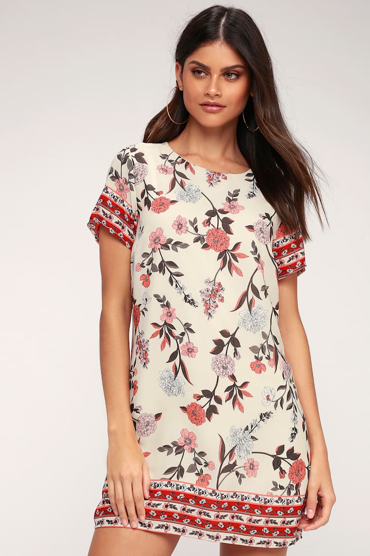 cream floral shift dress Women's Cream Floral Woven Godet Detail Shift Dress