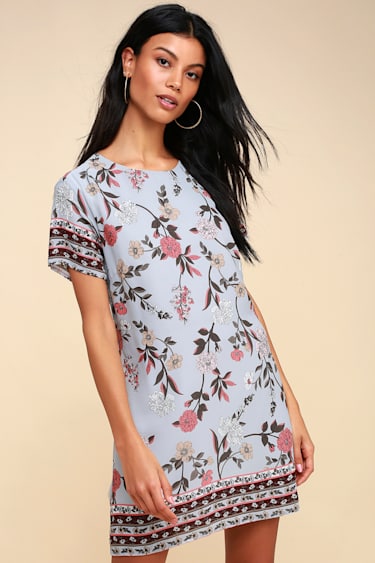 Chic Grey Dress Floral Print Dress Shift Dress Lulus