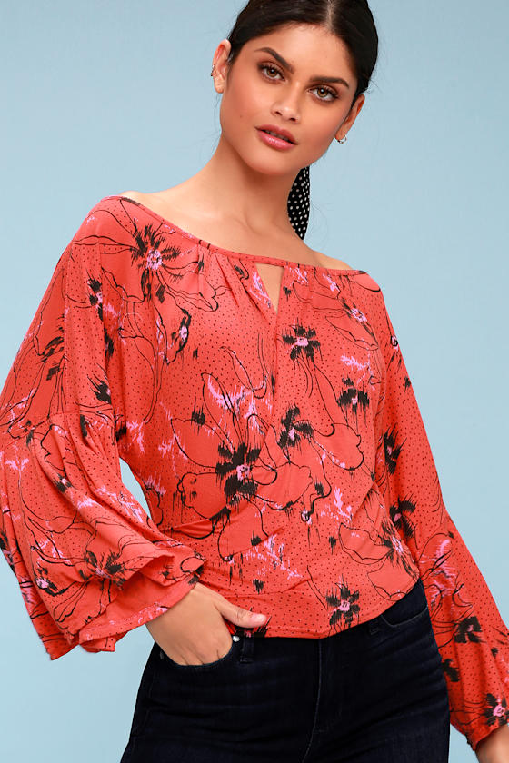 Free People Last Time Orange Print Top Surplice Top Lulus