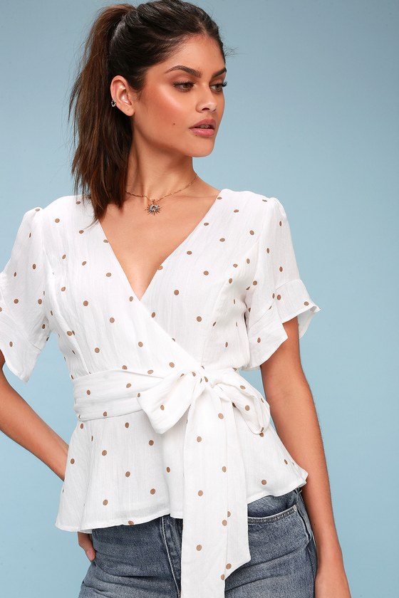 Lovely Tan Polka Dot Top - Peplum Top - Wrap Top - Lulus