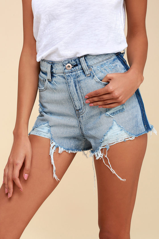 Nova Light Wash Two-Tone High-Waisted Distressed Denim Shorts 3
