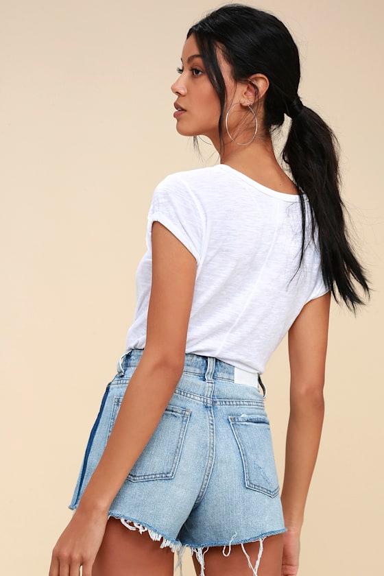 Nova Light Wash Two-Tone High-Waisted Distressed Denim Shorts 5