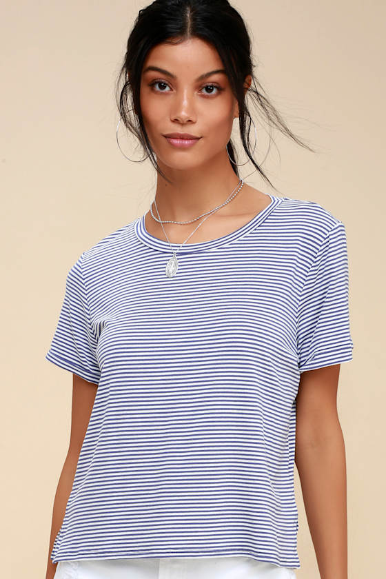 women's blue and white striped tee shirt