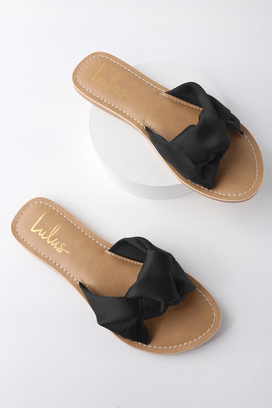 Cute Black Sandals - Knotted Slide Sandals - Satin Sandals
