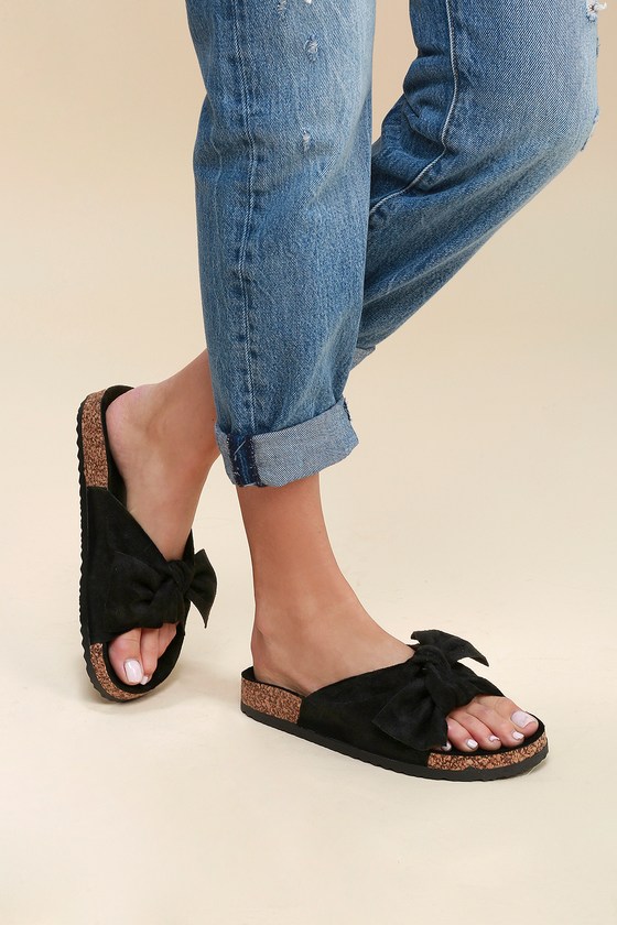  Black Slide Sandals  Vegan Suede Knotted Slide  Sandals 