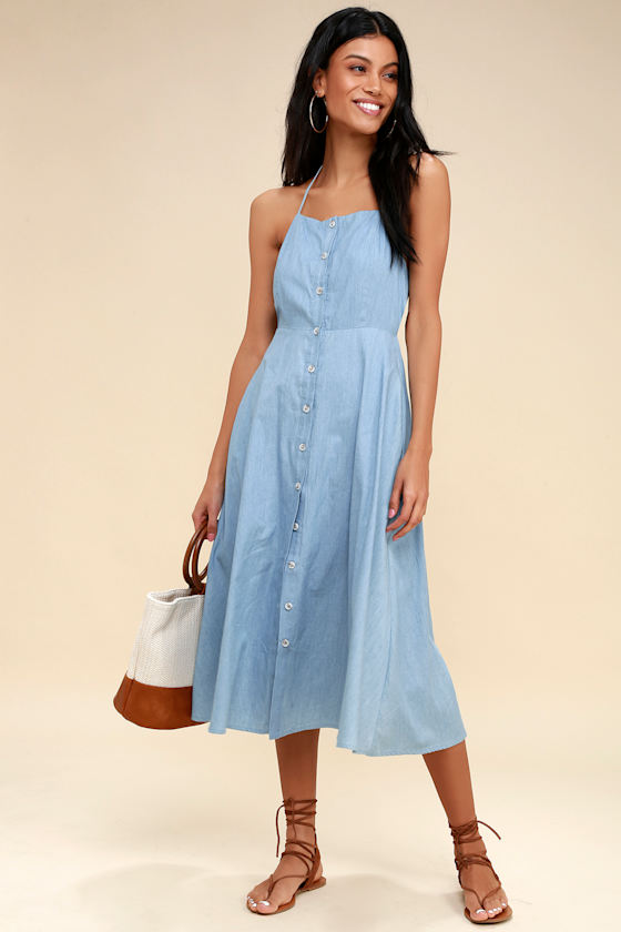 Celia Blue Chambray Button-Up Midi Halter Dress 1