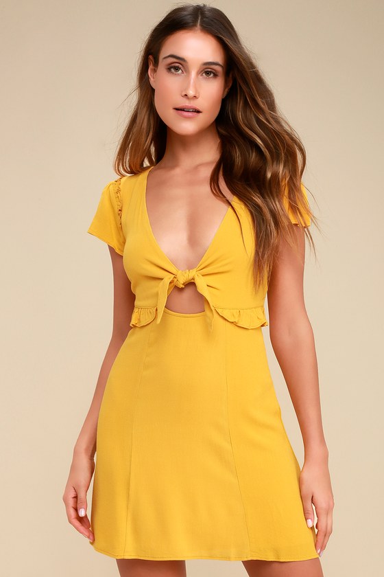 Cute Mustard Yellow Dress - Cutout Dress - Tie-Front Dress - Lulus