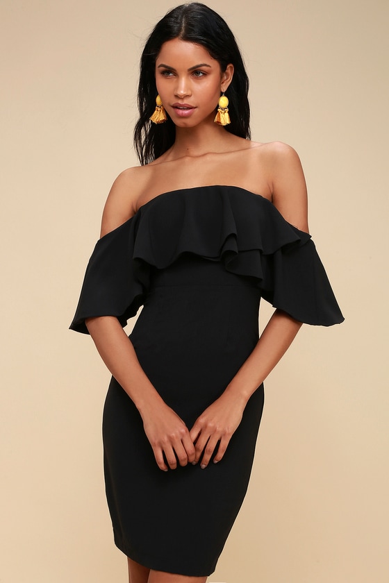 black off the shoulder bodycon midi dress