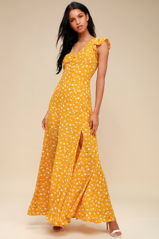 Lovely Mustard Yellow Floral Print Dress - Floral Maxi Dress - Lulus