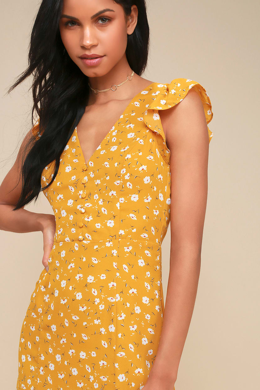 Lovely Mustard Yellow Floral Print Dress - Floral Maxi Dress - Lulus