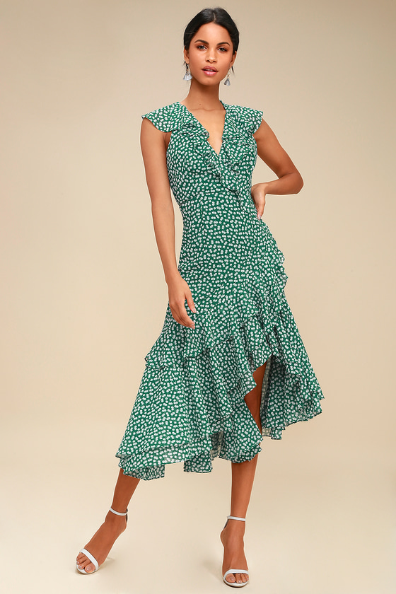 Be About You Green Floral Print Asymmetrical Midi Dress