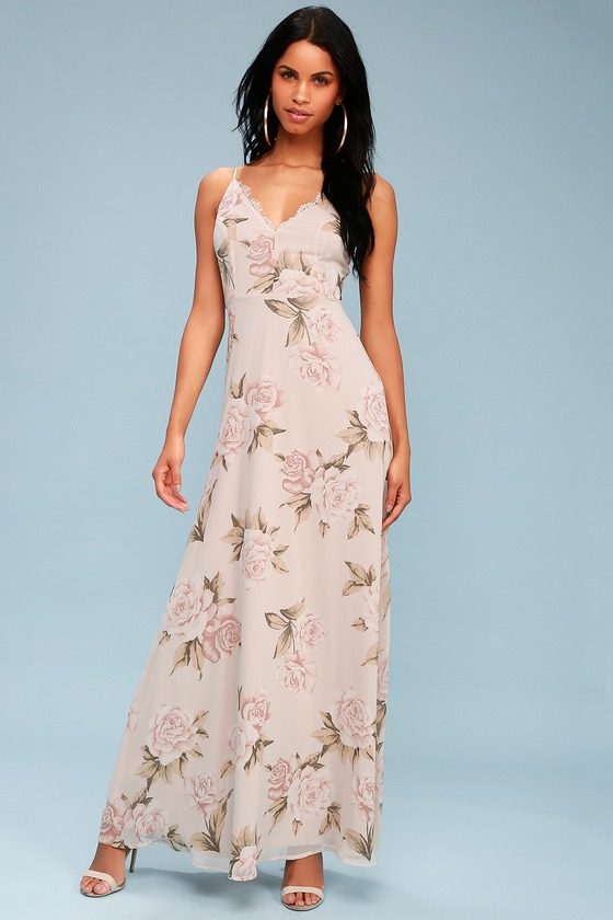 Lovely Taupe Floral Print Dress - Floral Maxi Dress