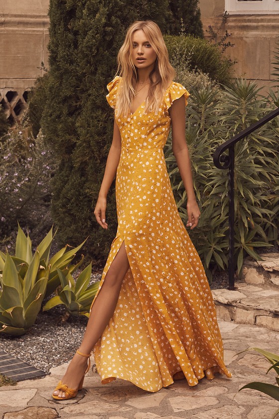 Fresh Picked Mustard Yellow Floral Print Backless Maxi Dress - Lulus