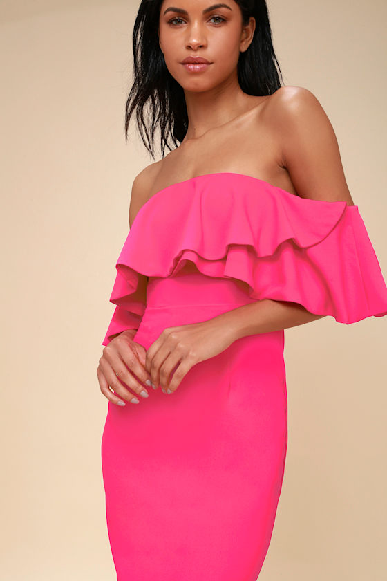 Cute Hot Pink Dress OfftheShoulder Dress Bodycon Dress Lulus