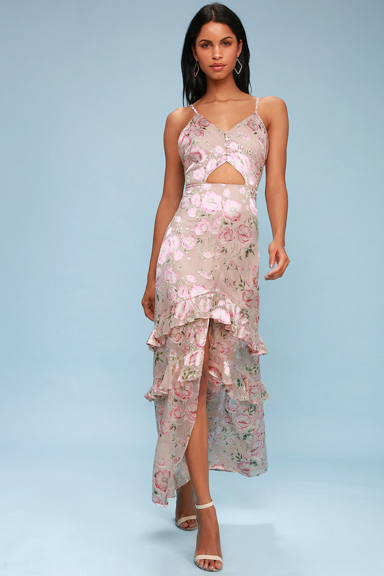 Magnolia Blush Floral Print Silk Cutout Maxi Dress