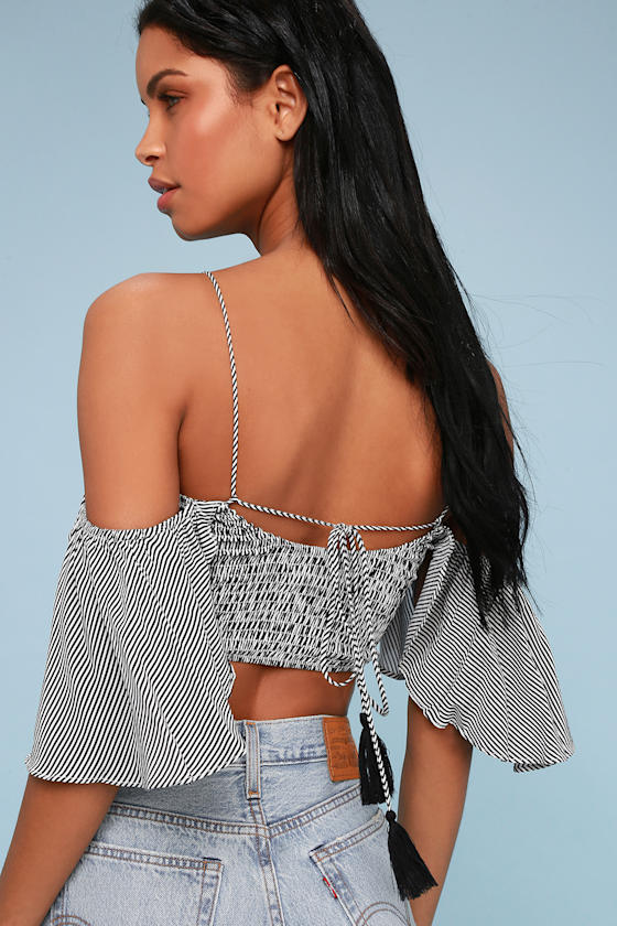 Stripe Right Up Black and White Striped Off-the-Shoulder Top 4