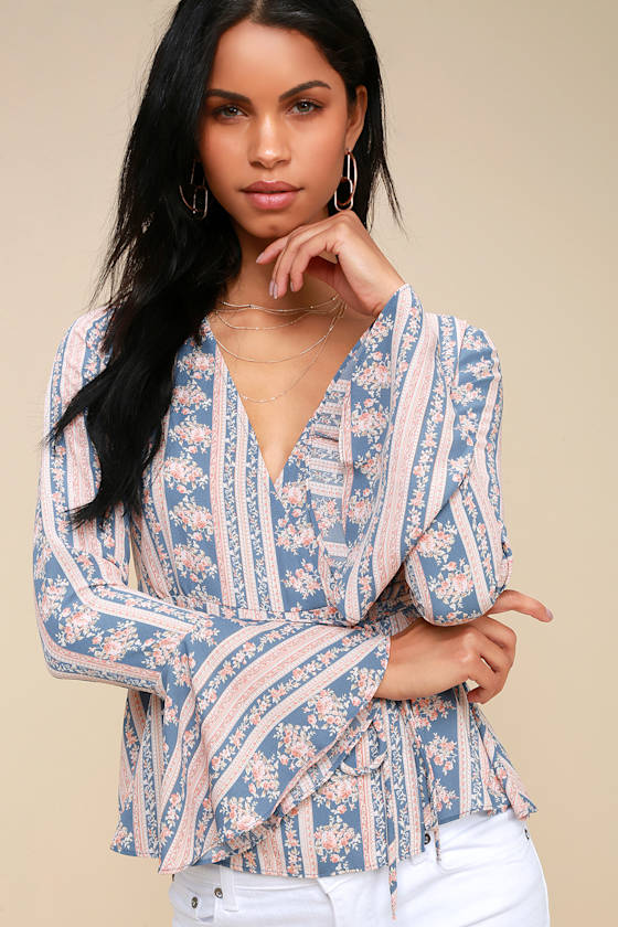 Love is Enough Blue and Blush Floral Print Wrap Top 4