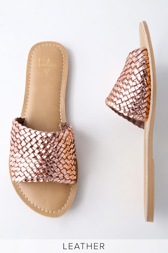 Maddie Rose Gold Woven Leather Slide Sandals 4