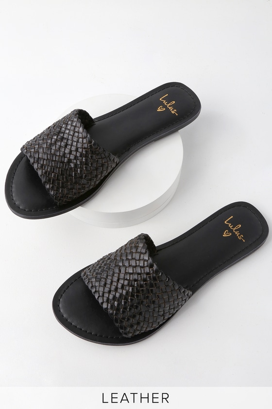 black leather slides