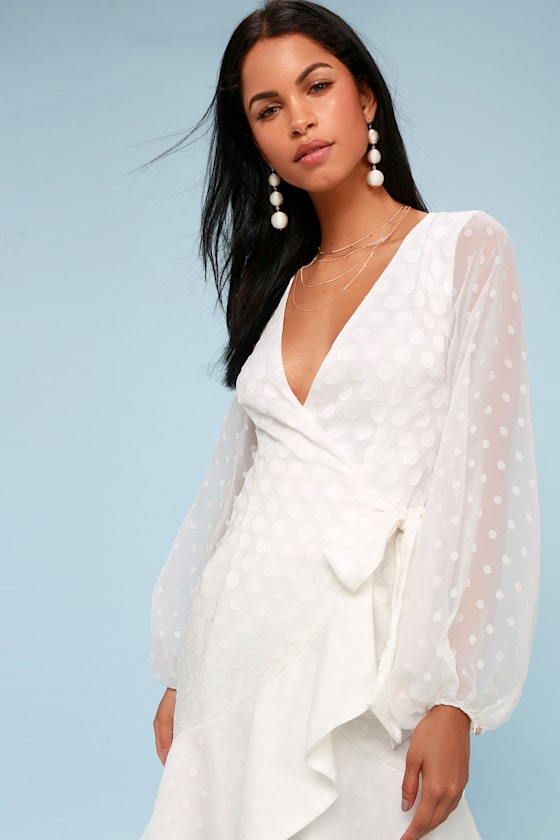 See You Now White Polka Dot Long Sleeve Wrap Dress 4