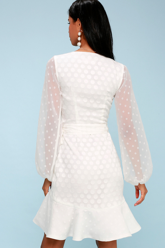 See You Now White Polka Dot Long Sleeve Wrap Dress 3
