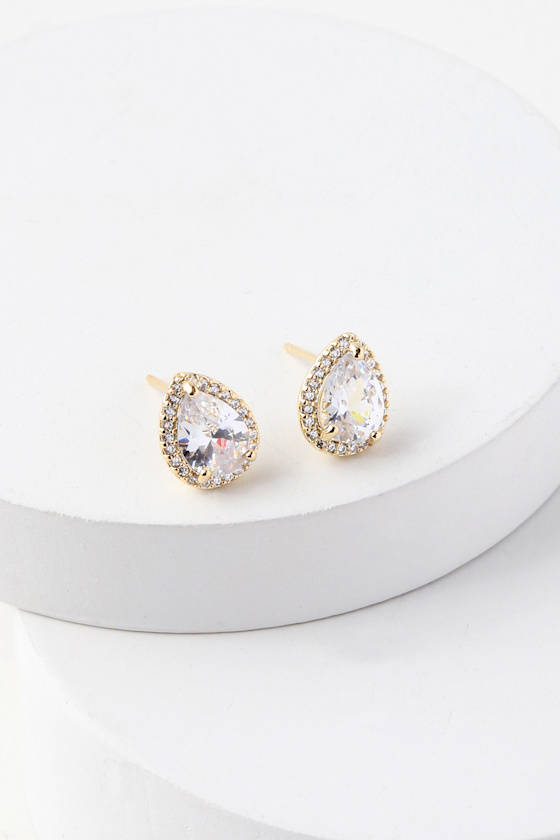 Lovely Gold Rhinestone Earrings Teardrop Earrings Studs Lulus