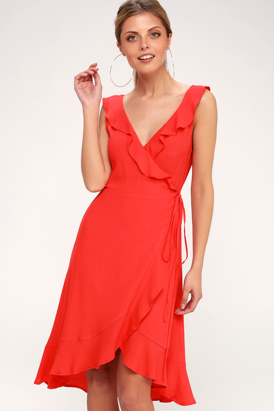 Cute Coral Red Dress - Wrap Dress - Ruffled Midi Dress - Lulus