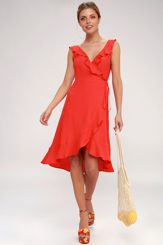 Ensenada Coral Red Ruffled Wrap Midi Dress 2