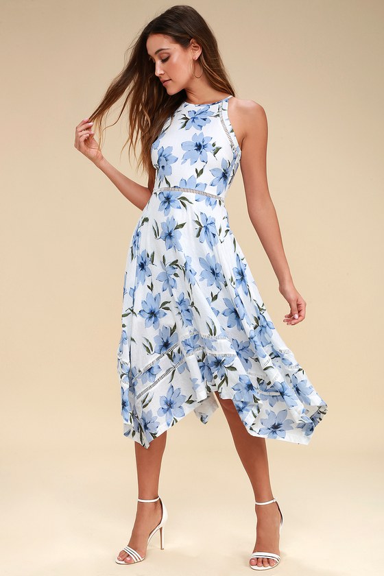 Lovely Blue and White Dress Floral Print Dress Midi Dress Lulus