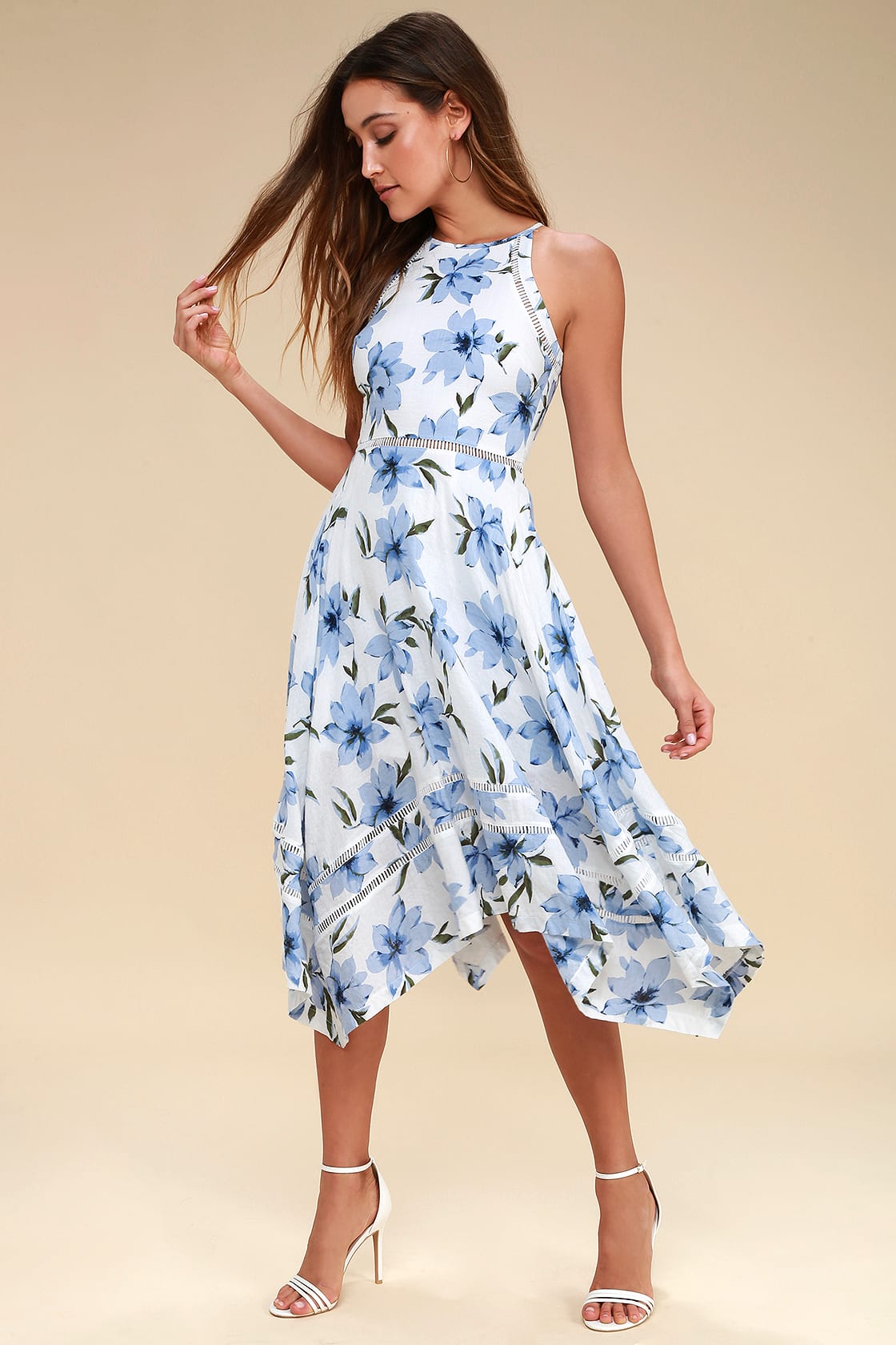 Blue and White Floral Midi Dress for Greece Vacation Outfit
