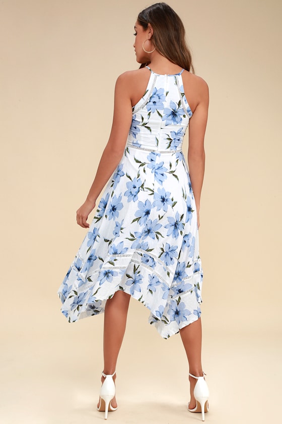 Lovely Blue and White Dress - Floral Print Dress -Midi Dress