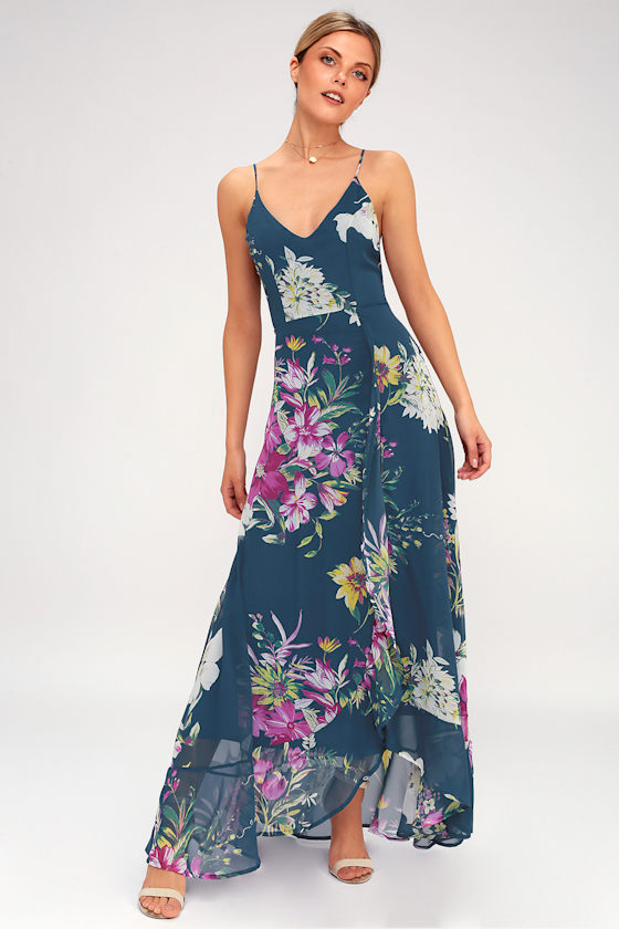 Lovely Teal Blue Floral Print Dress Floral Maxi Dress