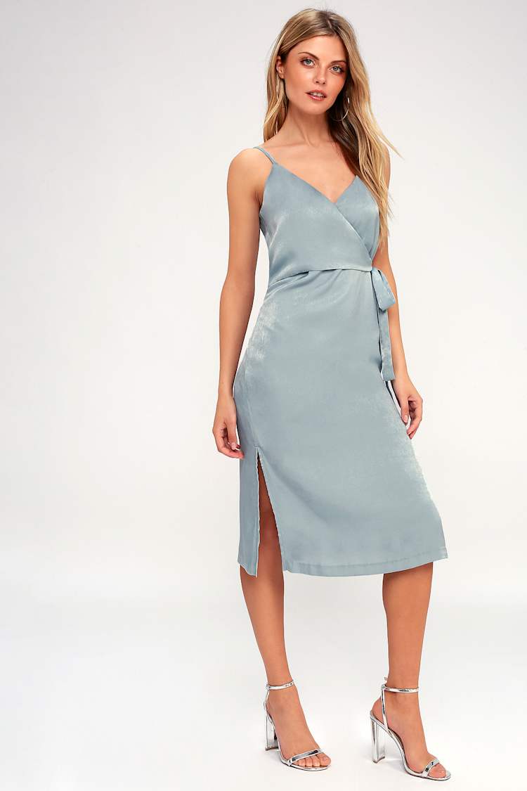 J.O.A. Satin Dress - Midi Wrap Dress - Mint Blue Dress - Lulus