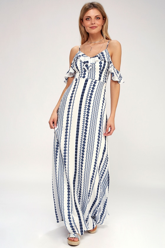Boho Blue and White Print Maxi - Off-the-Shoulder Dress - Lulus