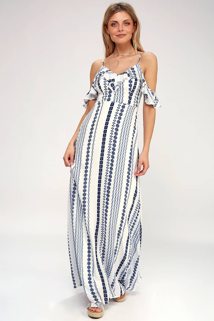 Boho Blue and White Print Maxi - Off-the-Shoulder Dress - Lulus
