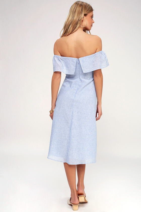 Jeanne Blue and White Striped Off-the-Shoulder Midi Dress 3