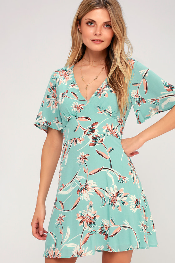 Cute Floral Dress - Aqua Dress - Short Sleeve Dress - Lulus