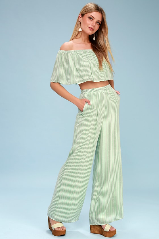 Birch Sage Green Striped Off-the-Shoulder Two-Piece Jumpsuit 1