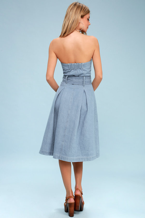 J.O.A. Light Wash Denim Midi Dress Strapless Midi Dress Lulus
