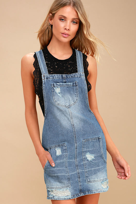 Cute Medium Wash Dress Denim Dress Overall Dress Lulus