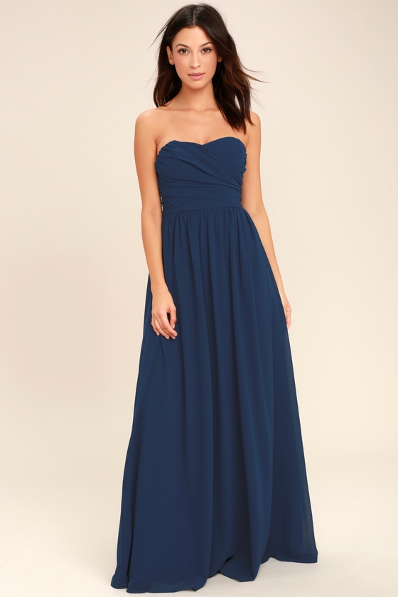 All Afloat Navy Blue Strapless Maxi Dress