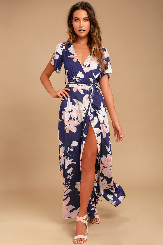 Azalea Regalia Navy Blue Floral Print Wrap Maxi Dress - Lulus