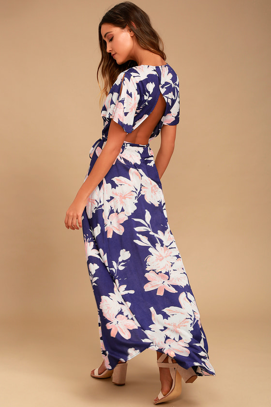 Navy Blue Floral Print Dress - Wrap Dress - Open Back Dress - Lulus